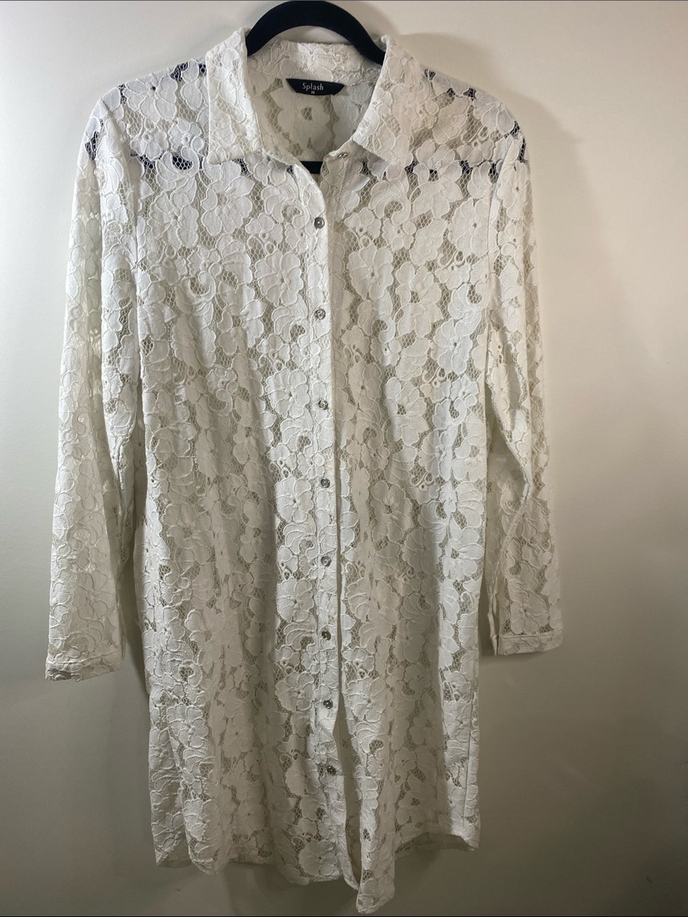 Splash White Lace Long Sleeve Mini Dress Shirt